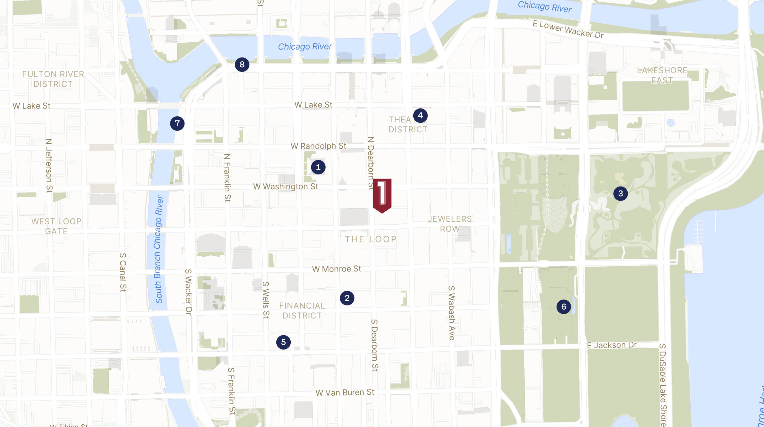 Map showing the location of 1 North Dearborn with icons for LOCATION tab