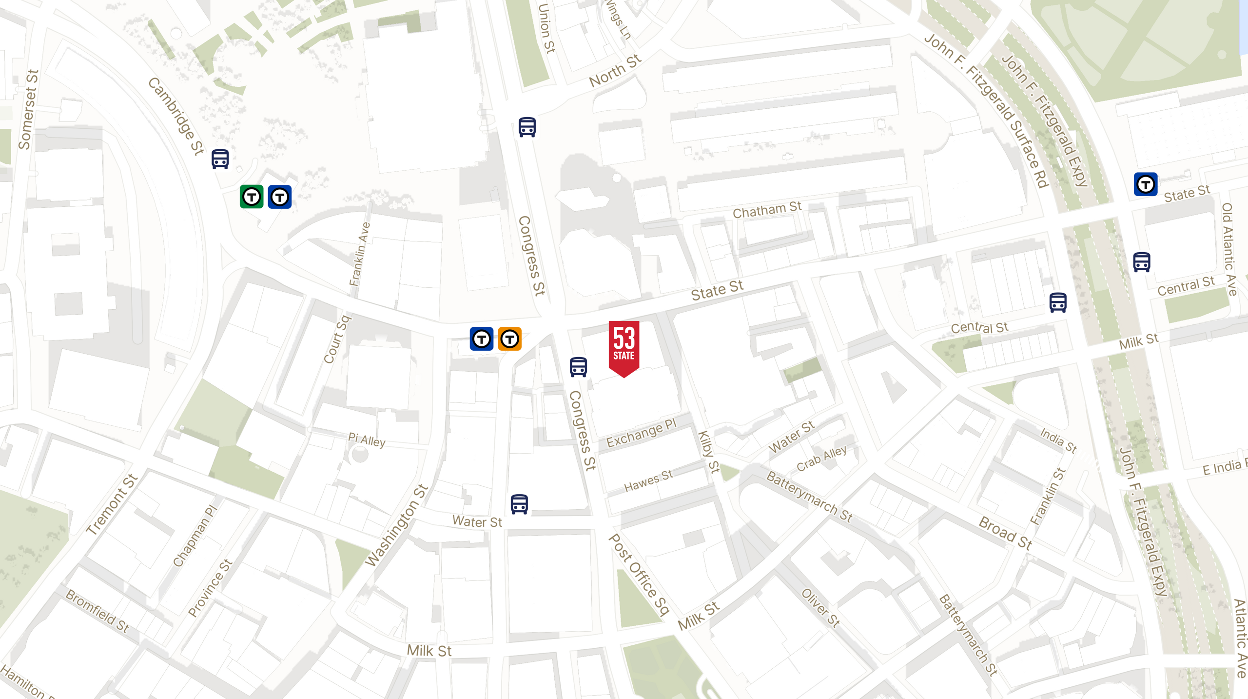 Map showing the location of 53 State Street with icons for TRANSIT tab