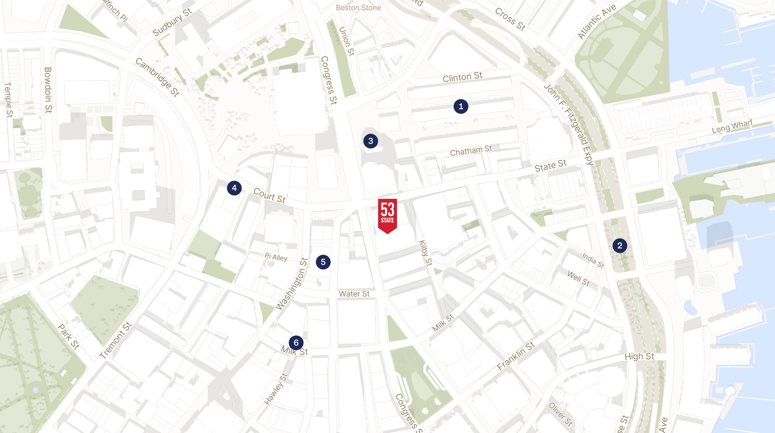 Map showing the location of 53 State Street with icons for LOCATION tab