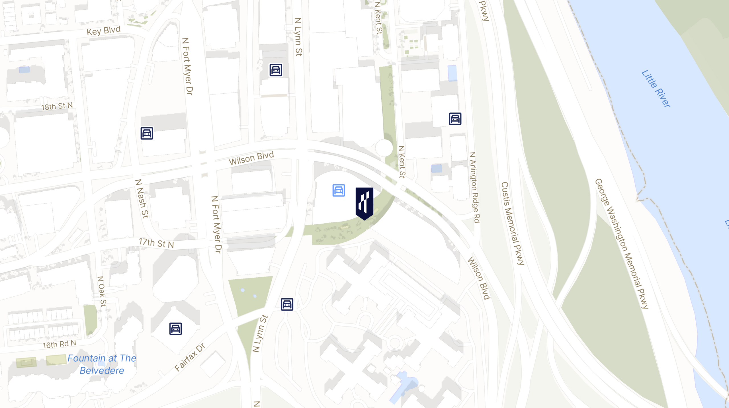 Map showing the location of 1000 Wilson Blvd with icons for PARKING tab