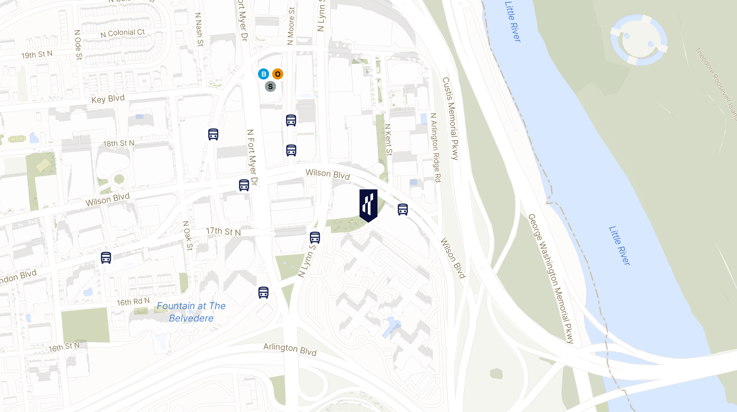 Map showing the location of 1000 Wilson Blvd with icons for TRANSIT tab