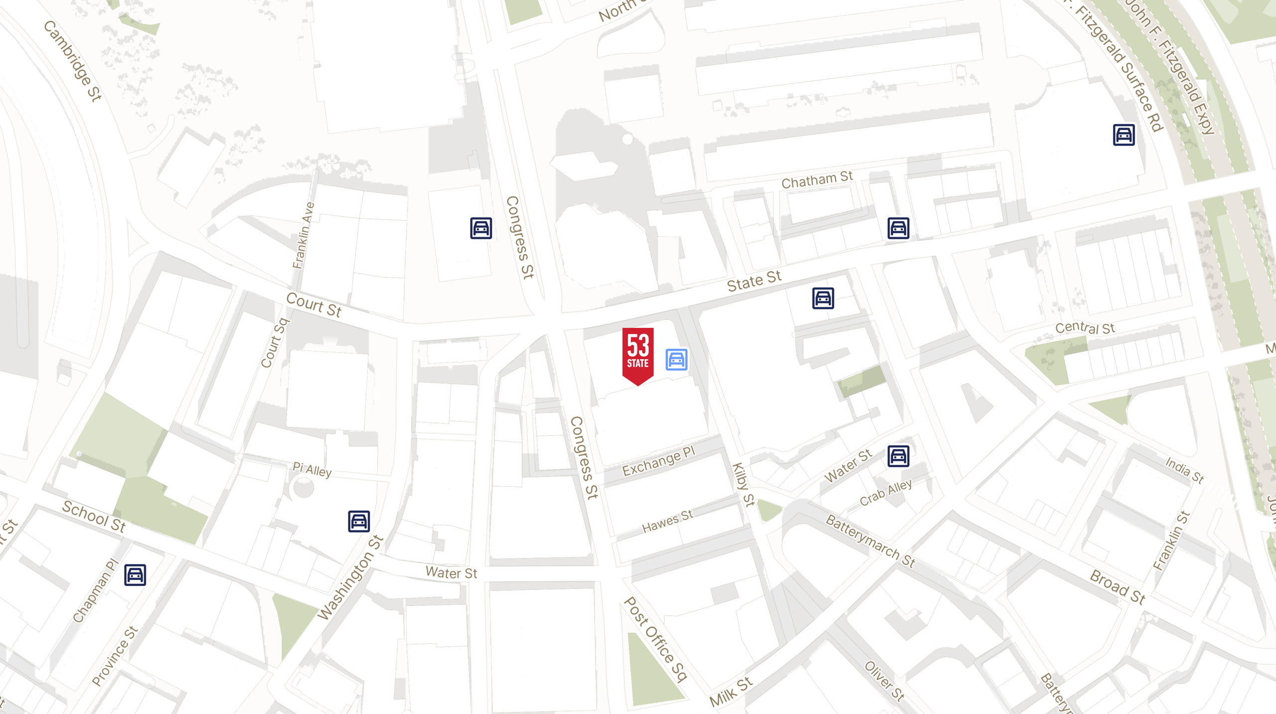 Map showing the location of 53 State Street with icons for PARKING tab