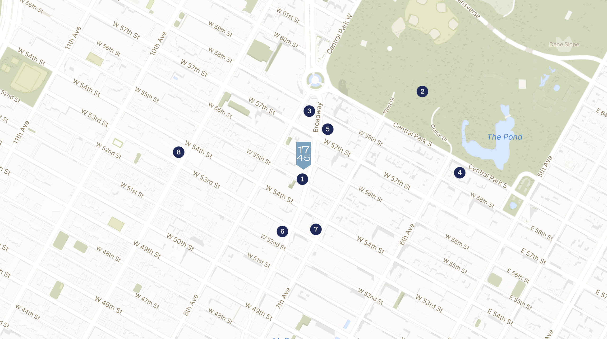 Map showing the location of 1745 Broadway with icons for LOCATION tab