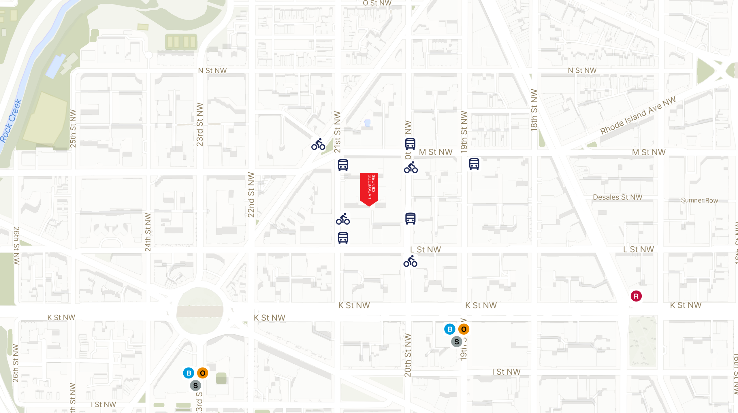 Map showing the location of 1 Lafayette Centre with icons for TRANSIT tab