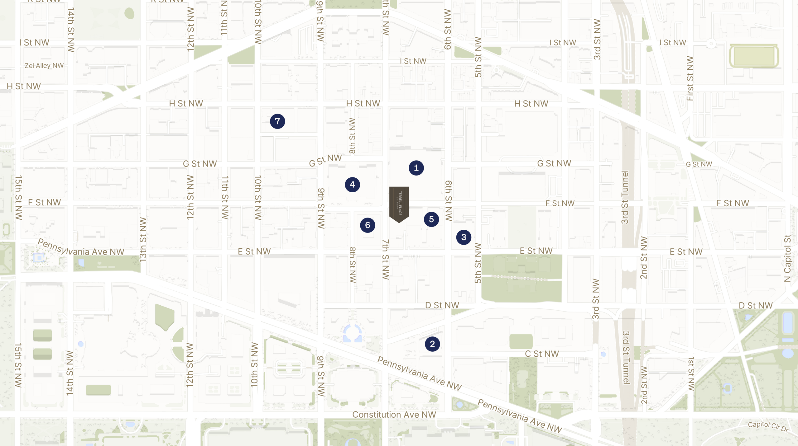 Map showing the location of Terrell Place with icons for LOCATION tab