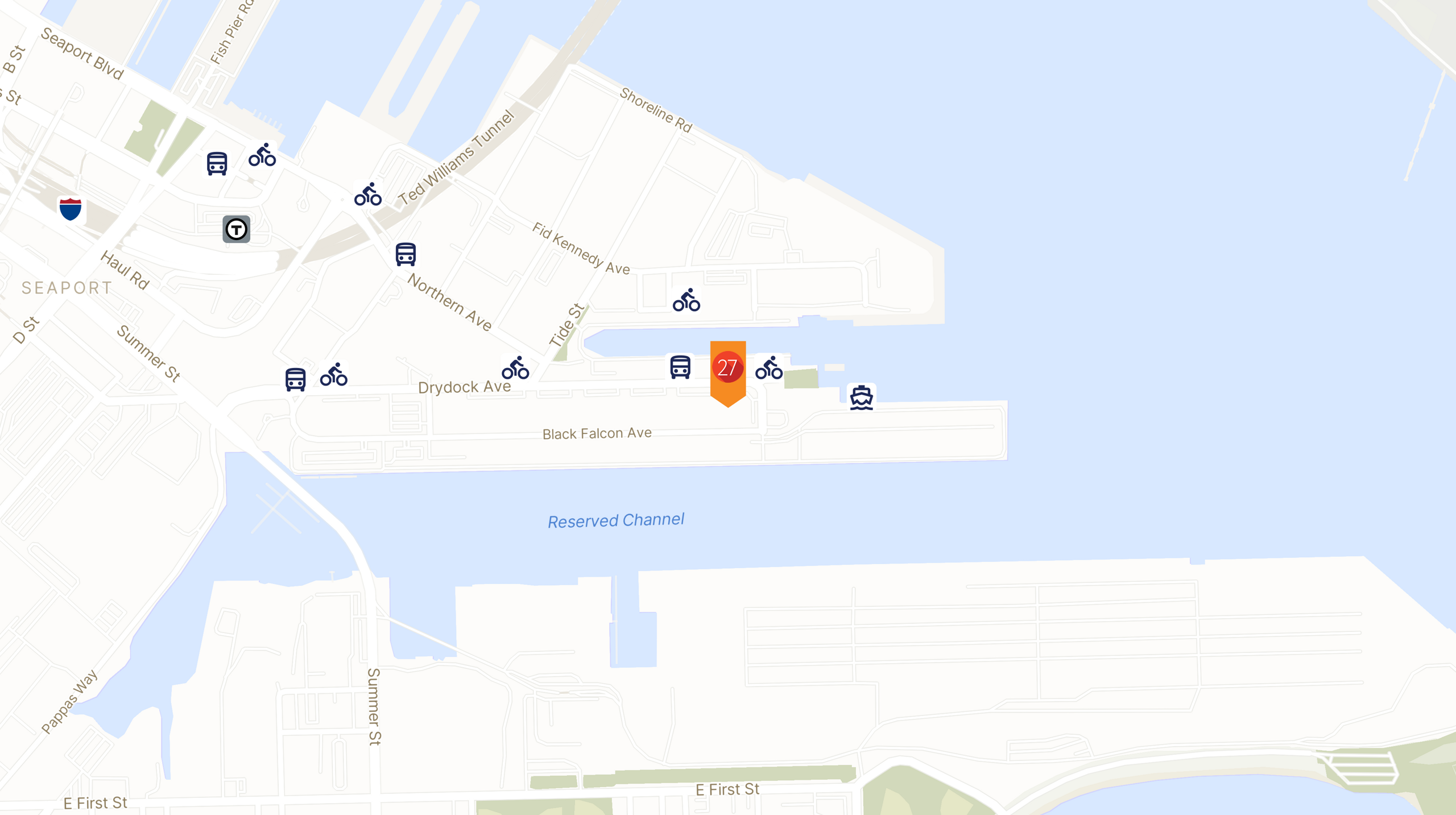 Map showing the location of 27 Drydock Avenue with icons for TRANSIT tab