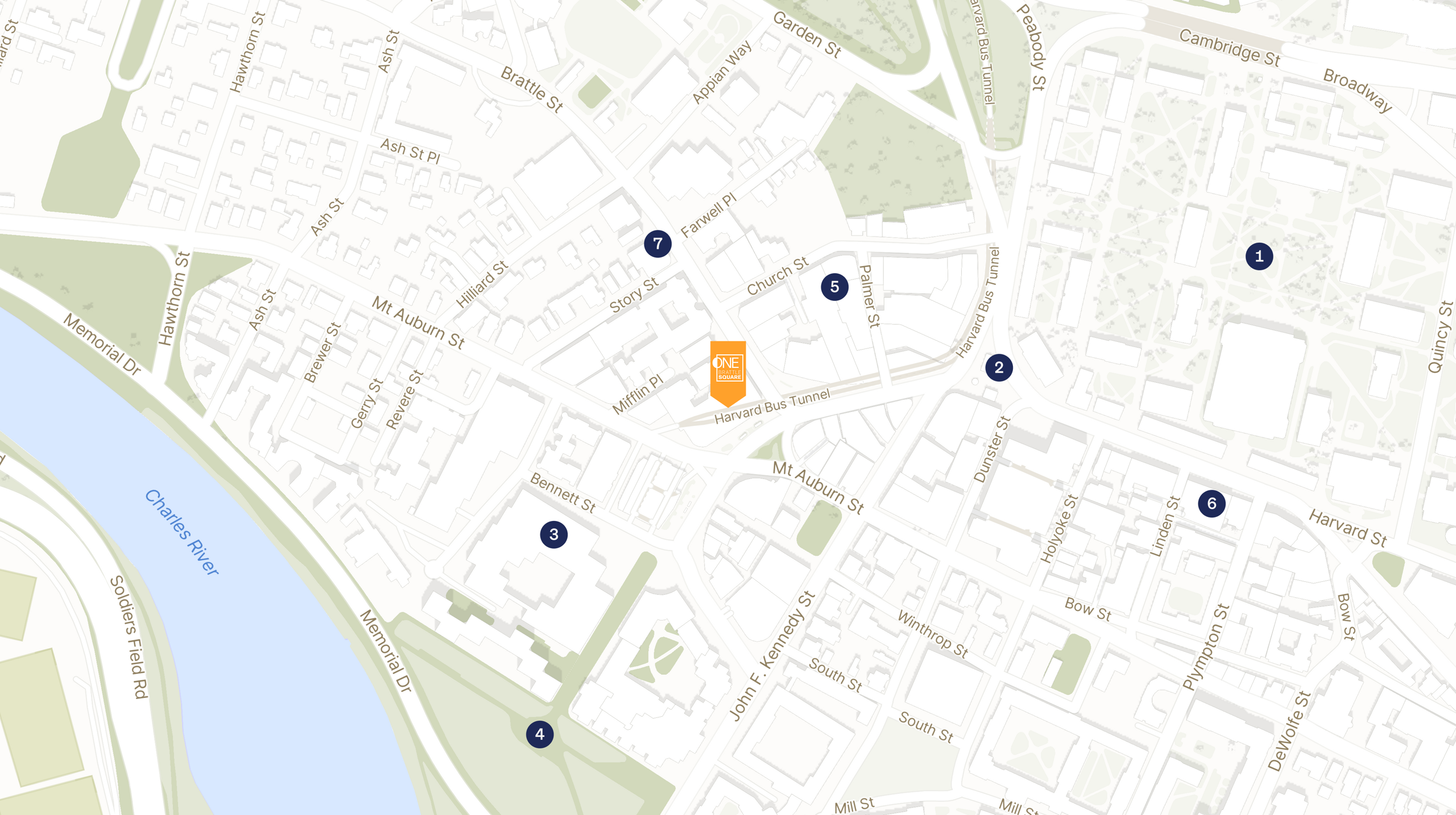 Map showing the location of One Brattle Square with icons for LOCATION tab