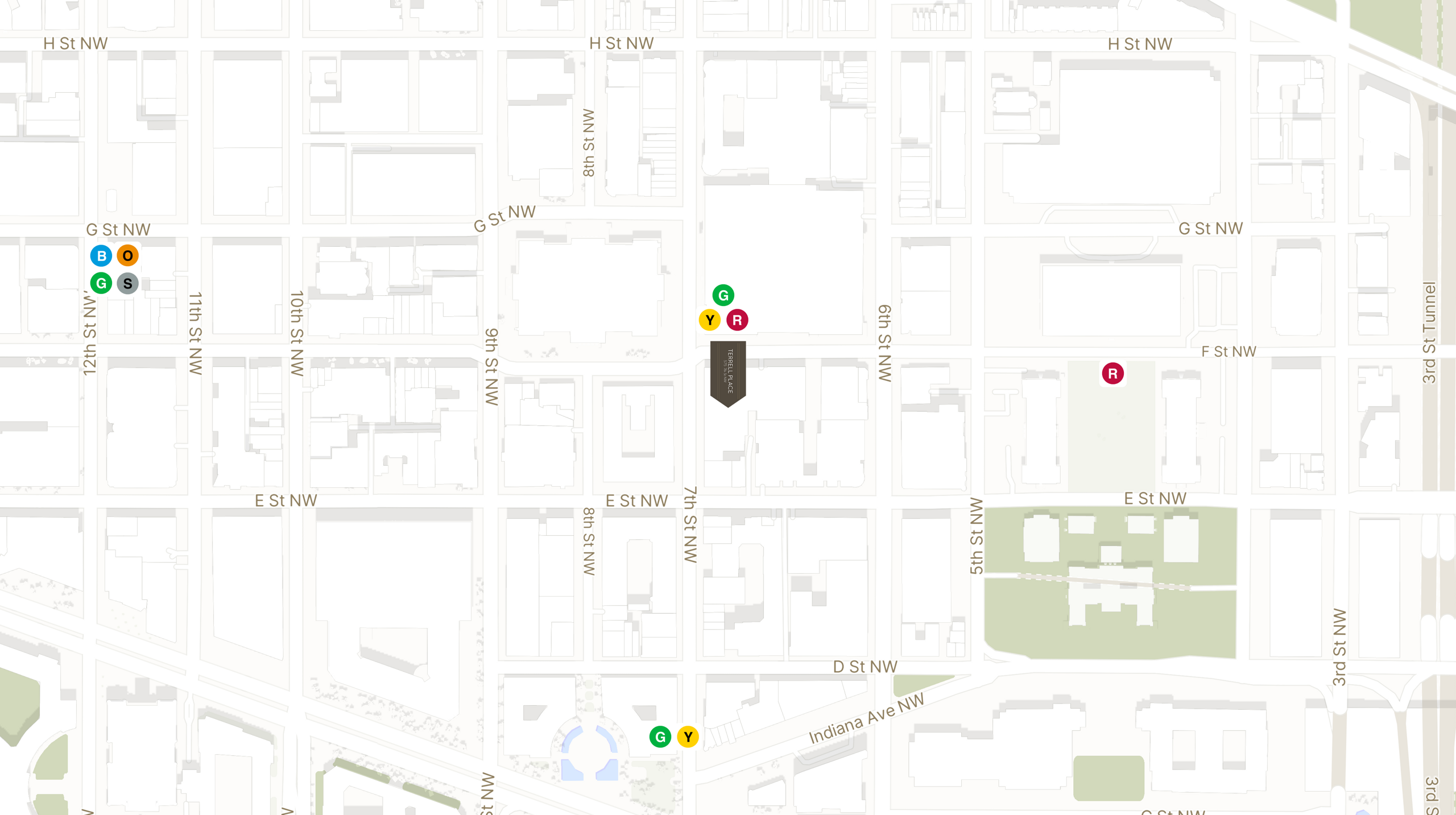 Map showing the location of Terrell Place with icons for TRANSIT tab
