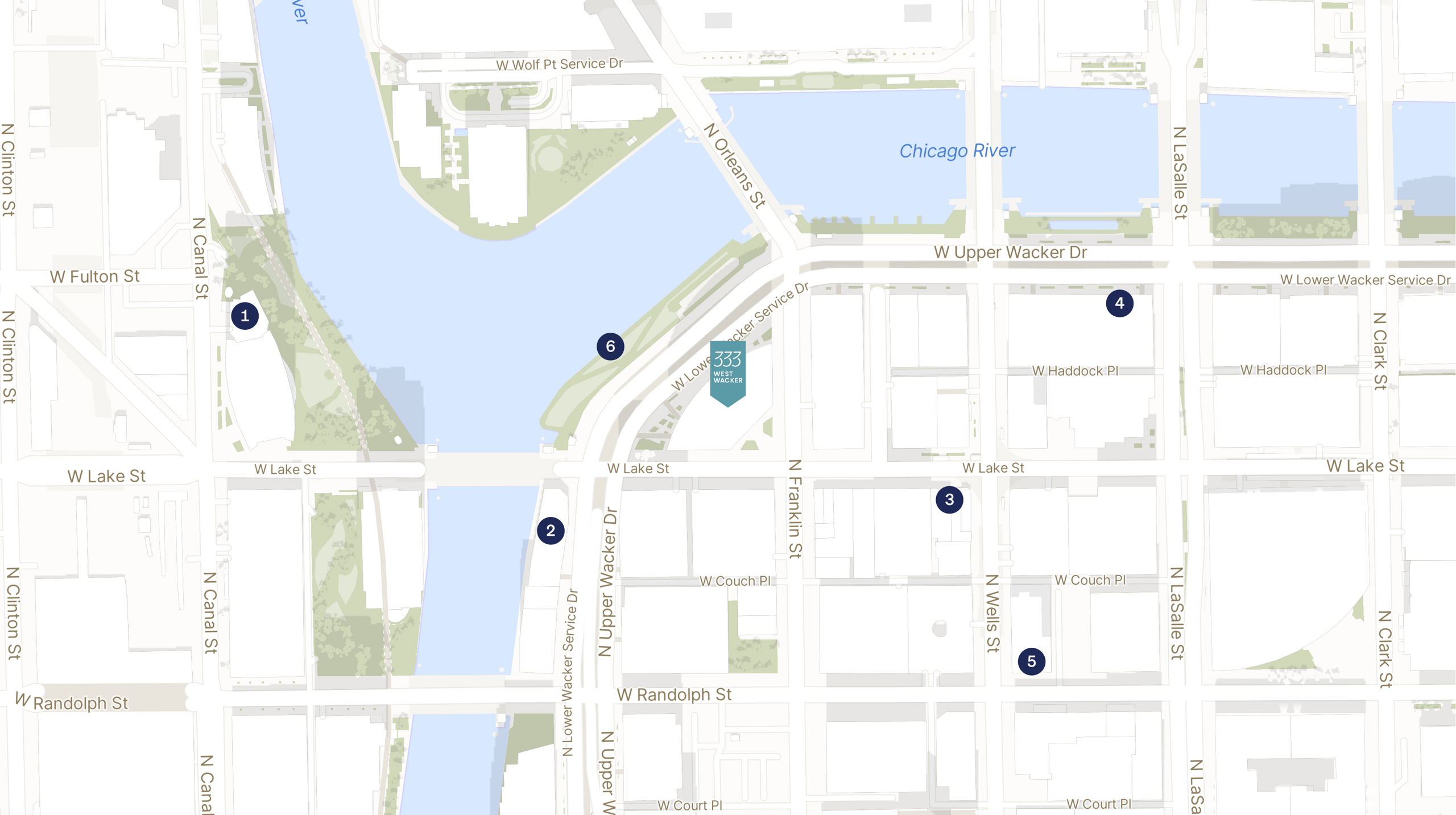 Map showing the location of 333 West Wacker with icons for LOCATION tab