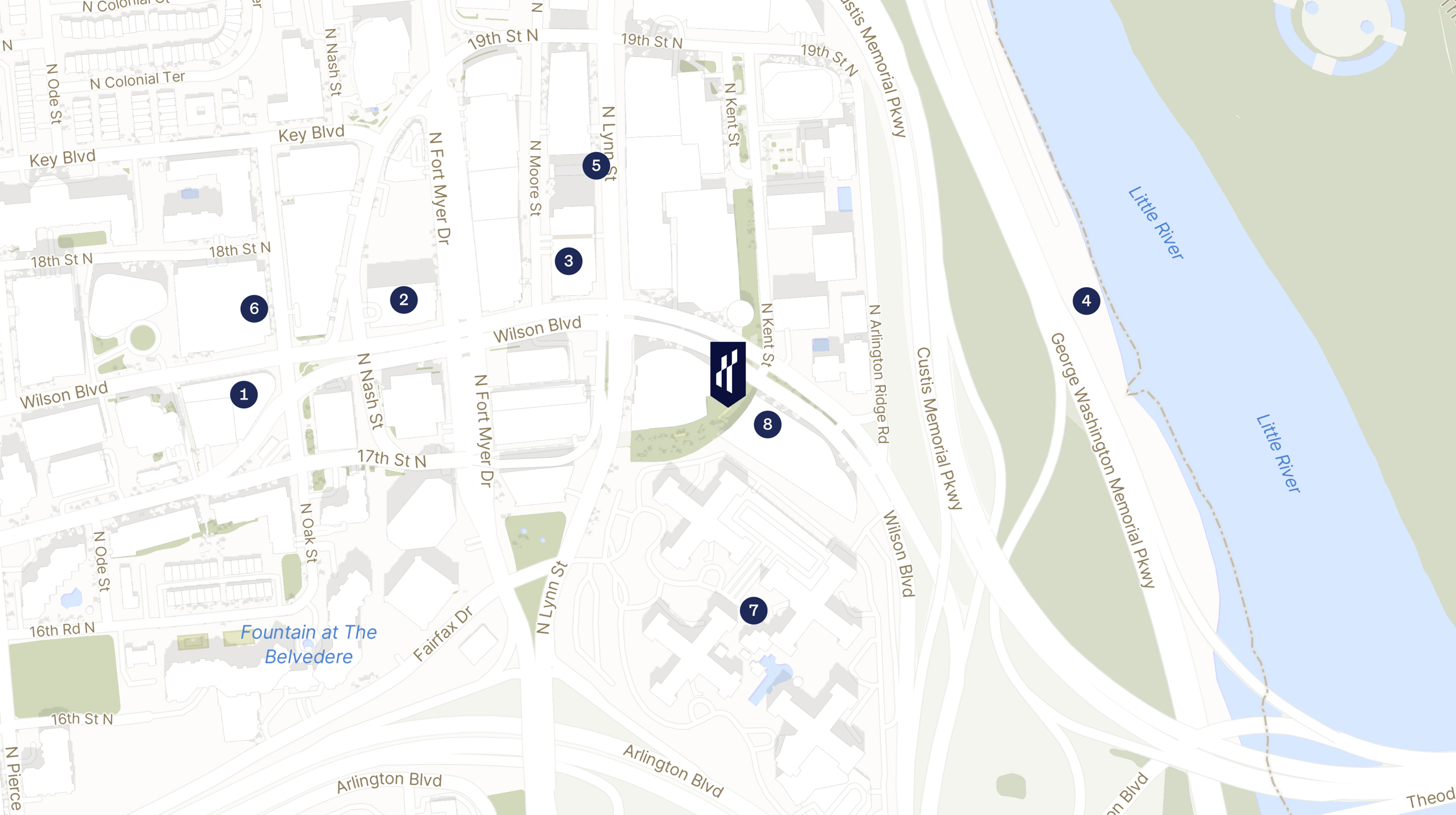 Map showing the location of 1000 Wilson Blvd with icons for LOCATION tab