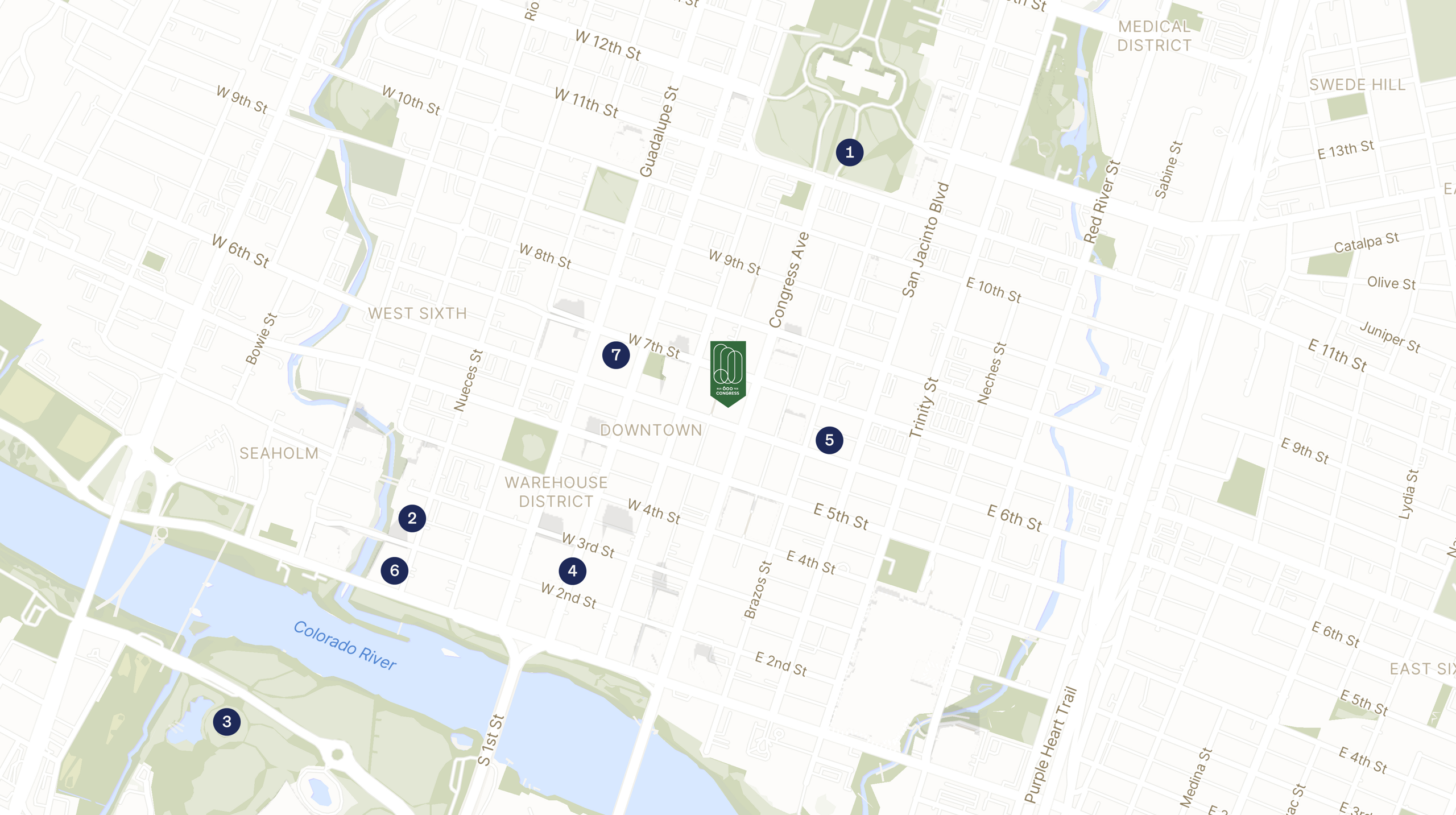 Map showing the location of 600 Congress with icons for LOCATION tab