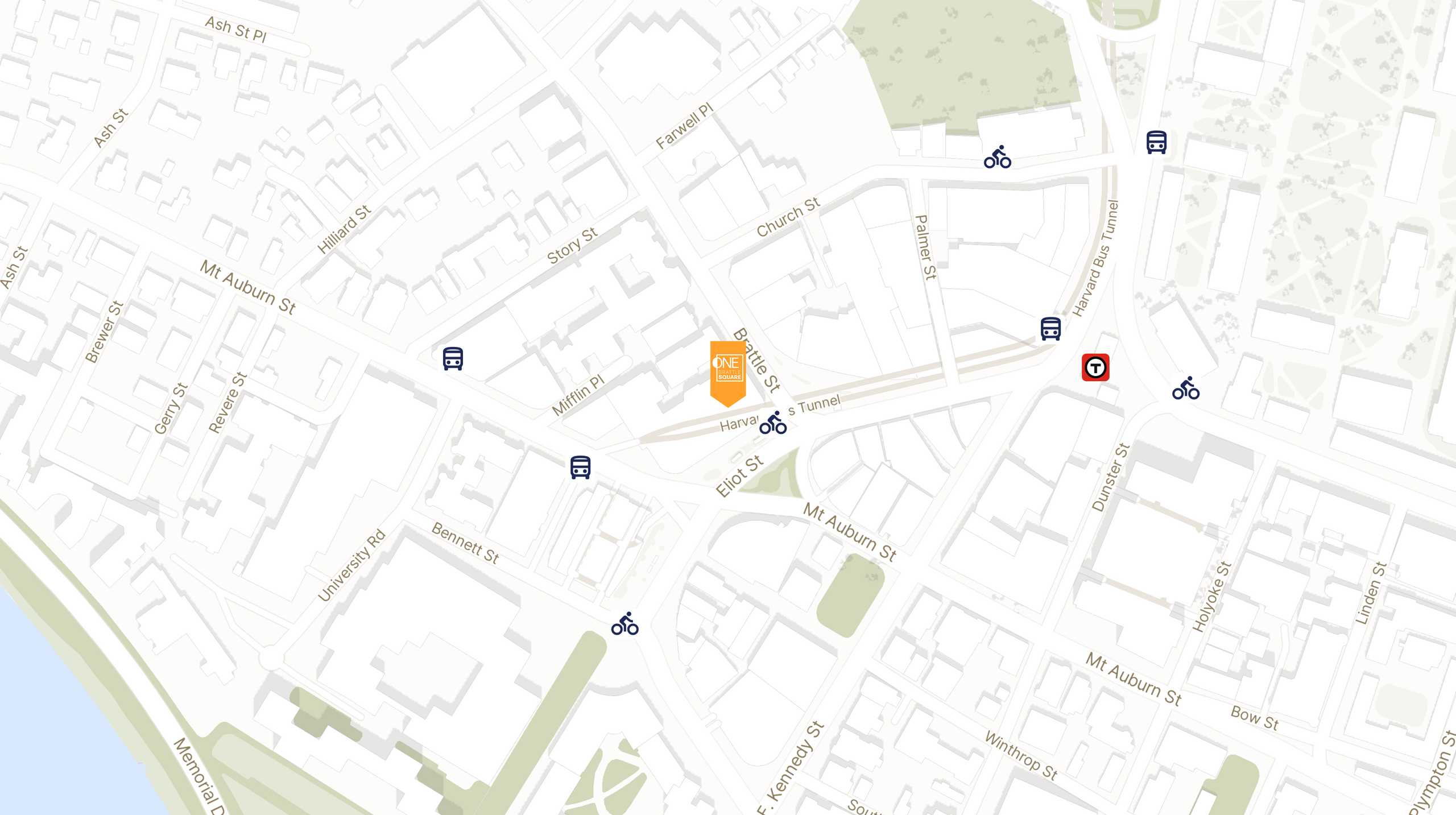 Map showing the location of One Brattle Square with icons for TRANSIT tab
