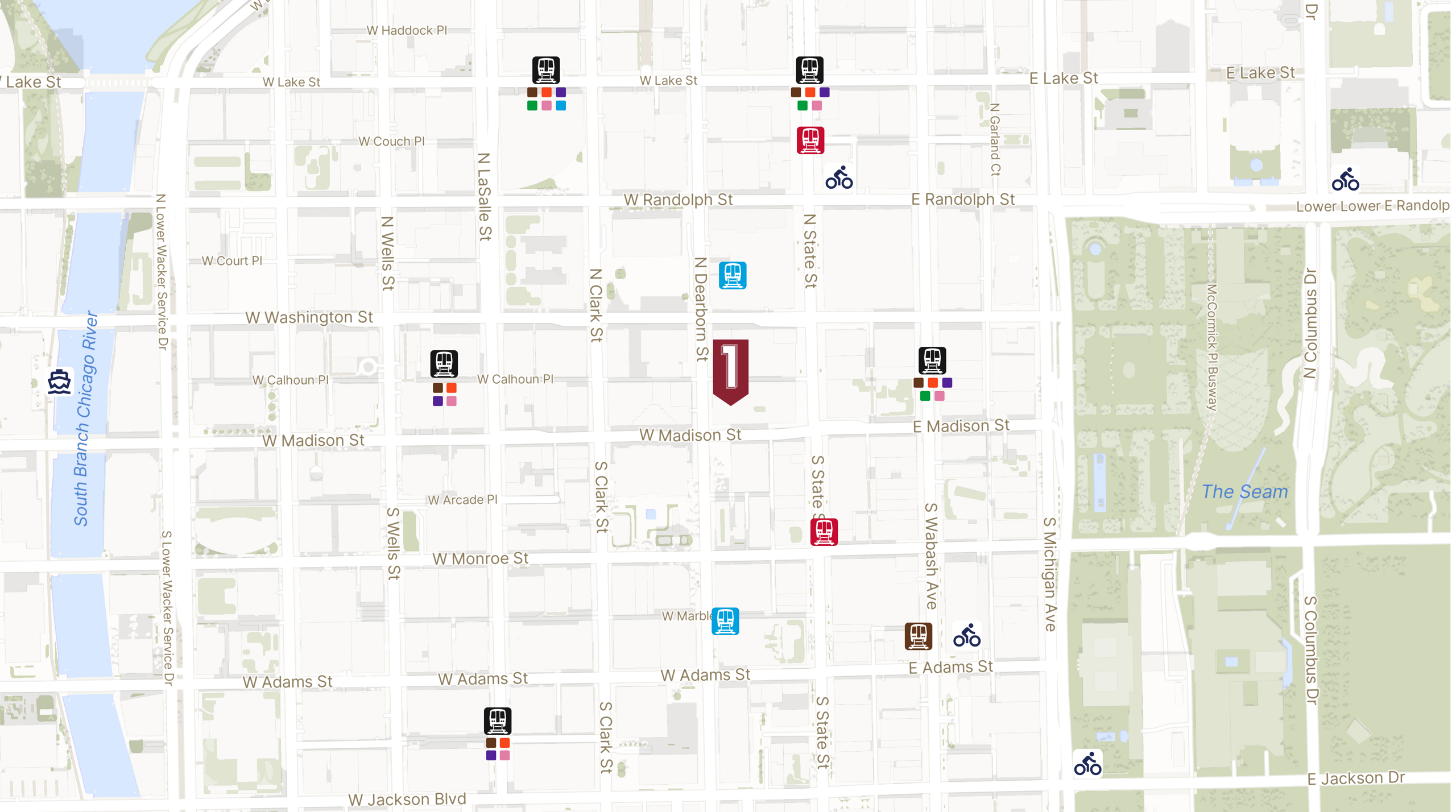 Map showing the location of 1 North Dearborn with icons for TRANSIT tab