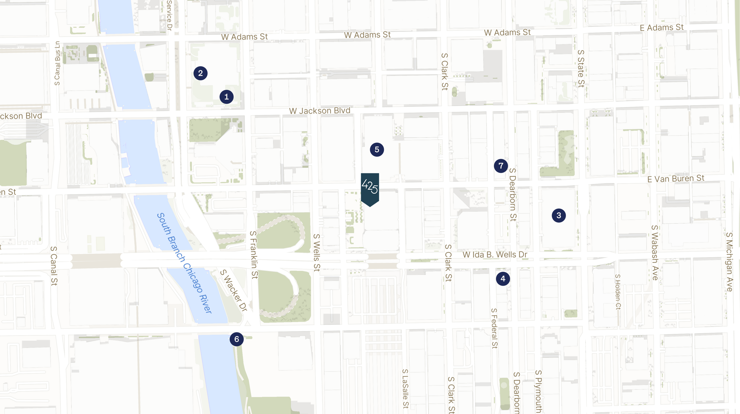 Map showing the location of 425 South Financial Place with icons for LOCATION tab