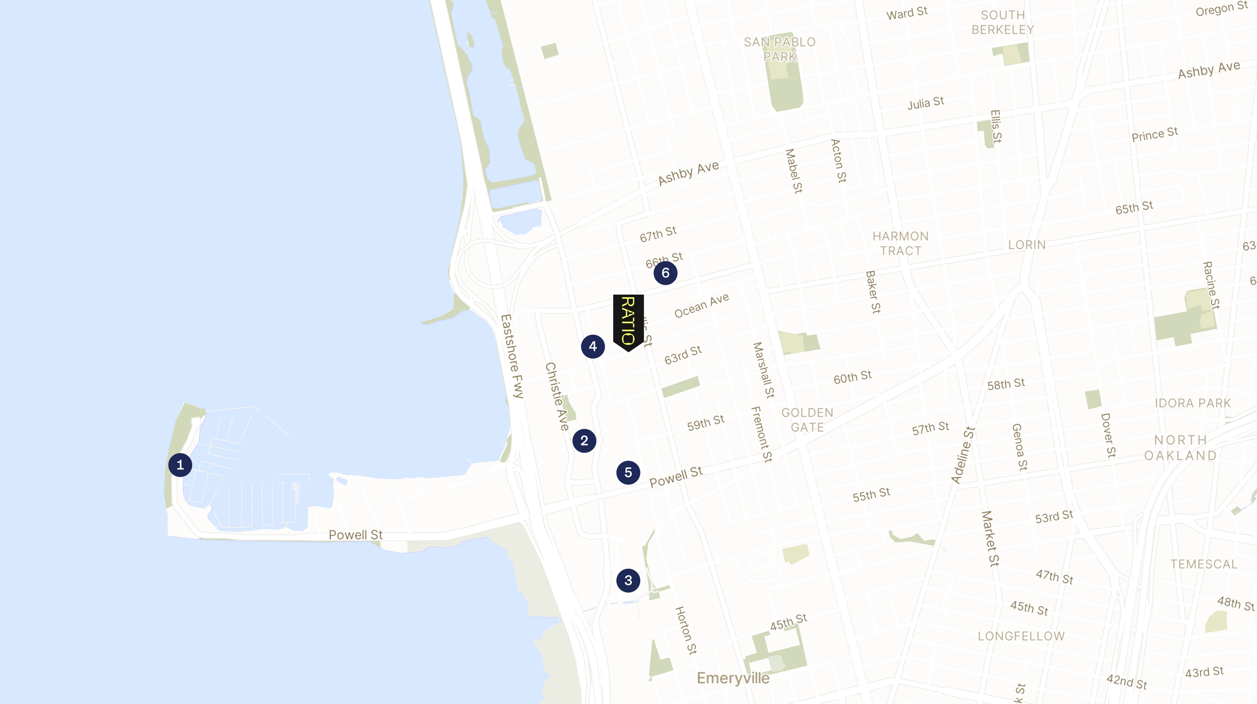 Map showing the location of R1: 6401 Hollis Street with icons for LOCATION tab
