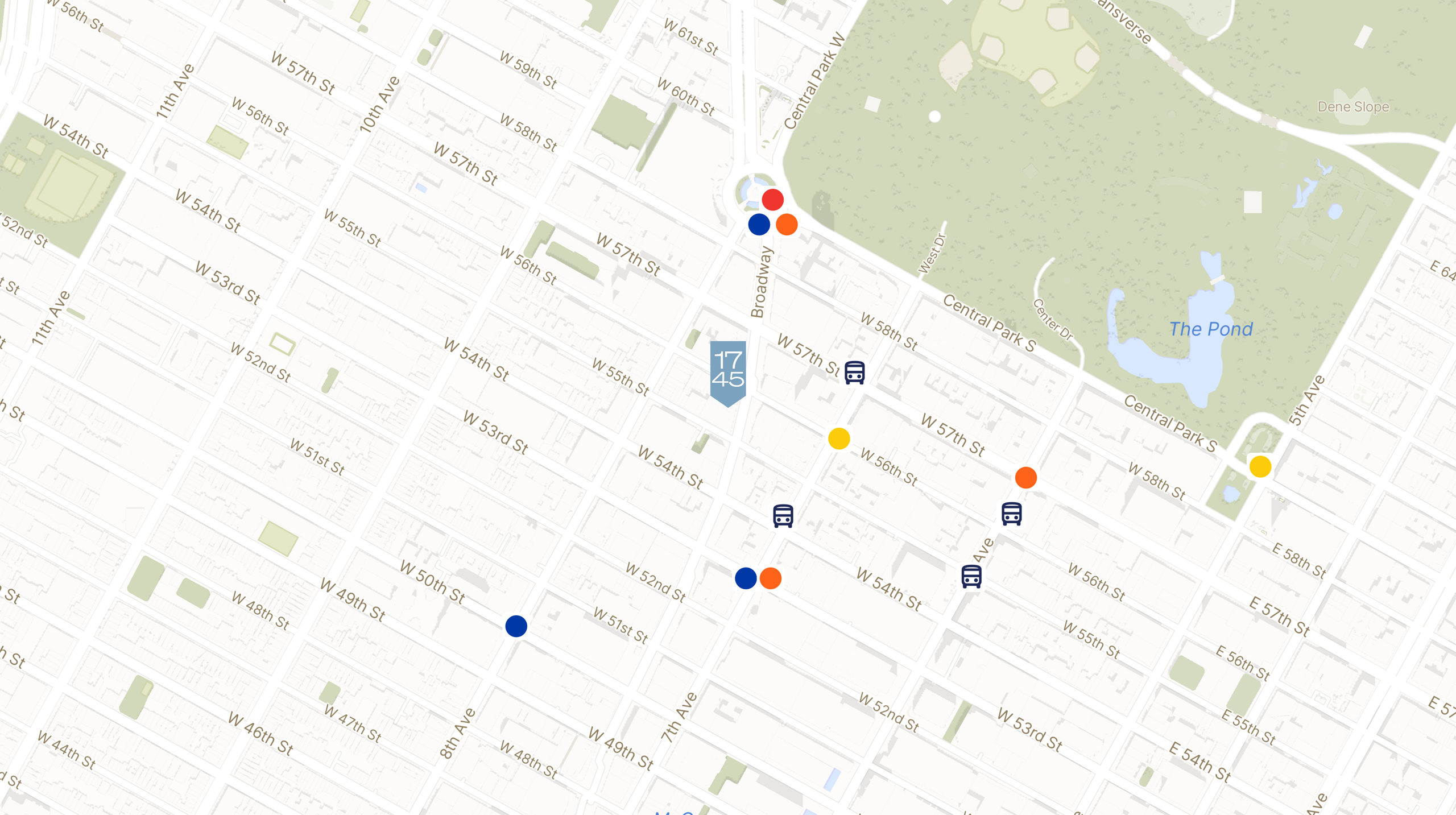 Map showing the location of 1745 Broadway with icons for TRANSIT tab
